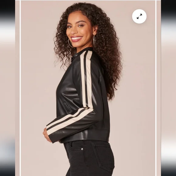 New Democracy Biker Jacket Size M Faux Leather Black Beige Zip Front Moto NWT - Picture 5 of 16